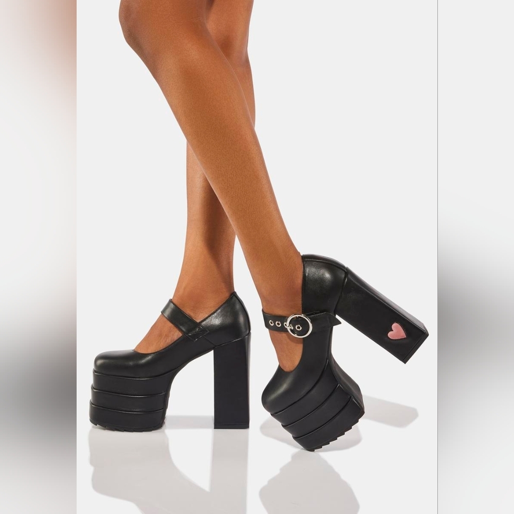 Platform Mary Jane Heels in Black with Pink Heart Accent - Picture 2 of 4